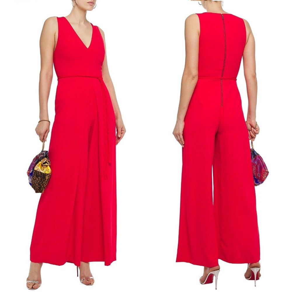 Alice+Olivia AUDRIE Crepe Pleated V-Neck Sleeveless Wide-Leg Jumpsuit
